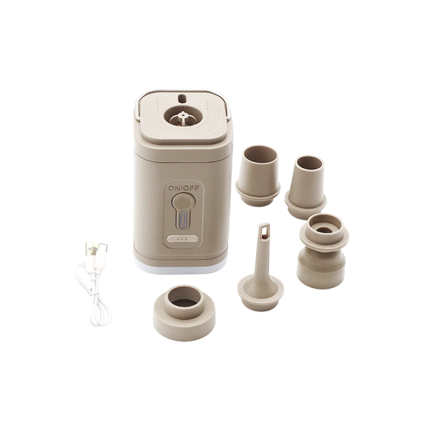 Bezdrôtový vzduchový kompresor 8,35 x 9,45 cm s LED svietidlom 3 režimy 5 nadstavcov USB nabíjanie Prenosná pumpa na kolo auto loptu hnedá