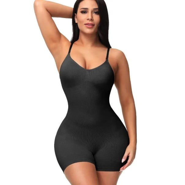Bezešvé elastické body na ramínka Dámské tvarovací tílko Stahovací body se střihem na stehna Zeštíhlující bezešvé spodní prádlo černá S