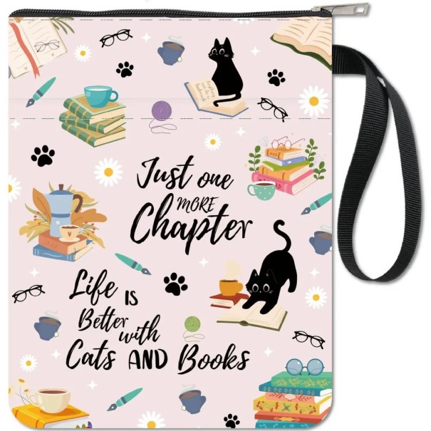 Béžové textilní zipové pouzdro 28 x 22 cm voděodolný organizér s kapsou a poutkem kočky knihy motiv 1