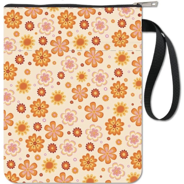 Béžové textilní zipové pouzdro 28 x 22 cm voděodolný organizér s kapsou a poutkem květinový retro motiv 1