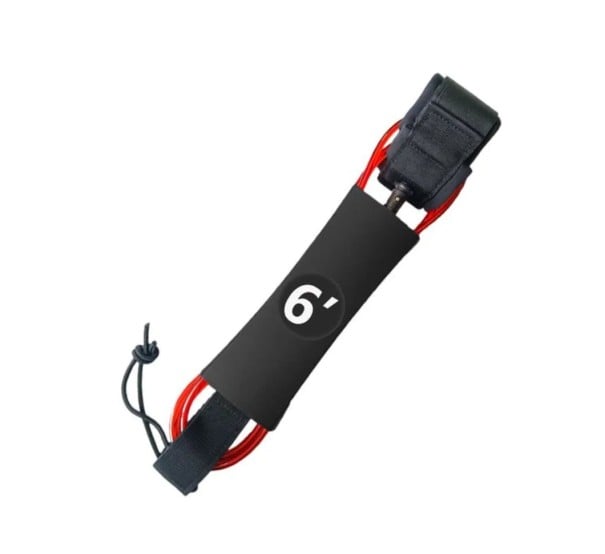Bezpečnostní lanko na nohu na paddleboard 6 stop cca 182 cm s otočnou spojkou na suchý zip poutko na kotník na SUP surf i vodní sporty červená
