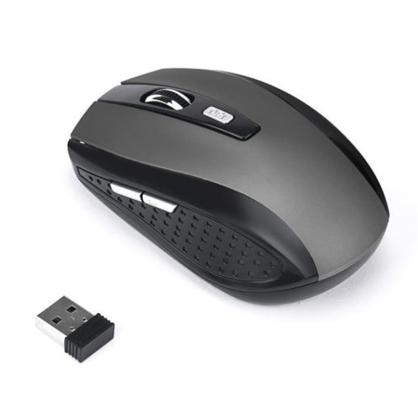 Bezprzewodowa mysz gamingowa 2000 DPI z małym odbiornikiem USB 2,4 GHz Zasięg 10 m Dwa boczne przyciski i przycisk DPI Na baterie 2x AAA 10 szary