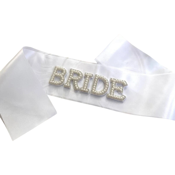 Biała szarfa BRIDE 160 x 9,5 cm Ozdobna szarfa dla panny młodej Wieczór panieński Dodatek ślubny 1