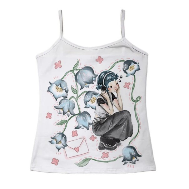 Biały dziewczęcy top na ramiączkach z nadrukiem anime Dziewczyna ze słuchawkami Kwiaty Litera Uroczy Top Letnie ubrania Lekki Wygodny materiał M