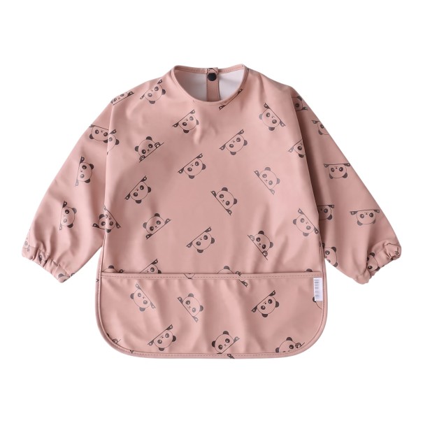 Bib impermeable para niños con mangas largas y estampado de pandas en rosa viejo, delantal para bebés con bolsillo y botón a presión 6-12 meses