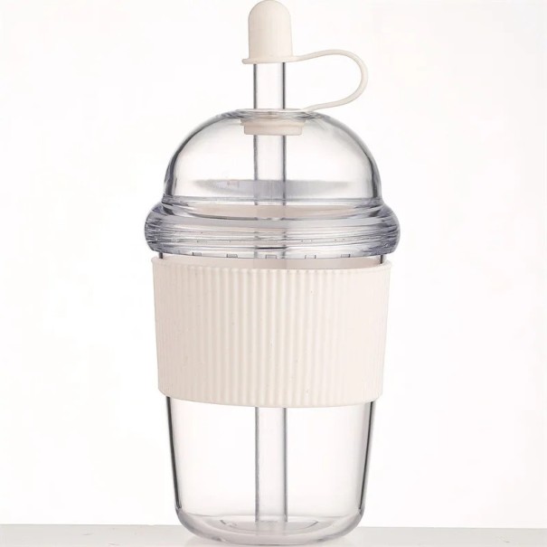 Bicchiere di plastica per bevande con cannuccia e protezione contro le fuoriuscite 430 ml Bottiglia in plastica per bere con anello in silicone adatta per bevande calde bianco