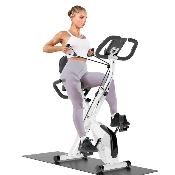 Bici da palestra pieghevole con resistenza magnetica display LCD 150 kg acciaio legato per esercizio domestico e monitoraggio della frequenza cardiaca bianco