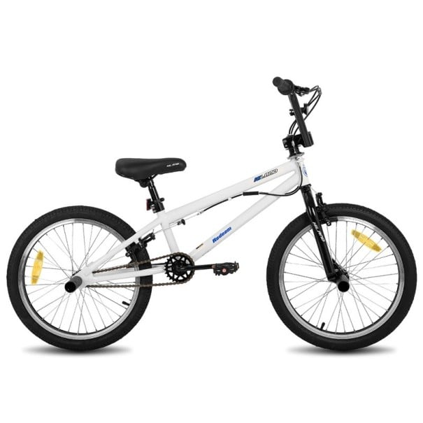 Bicicletă BMX freestyle pentru copii cu sistem de direcție rotativ, 20 inch, cadru din oțel și pegi, transmisie cu o singură viteză, pentru skatepark și oraș alb