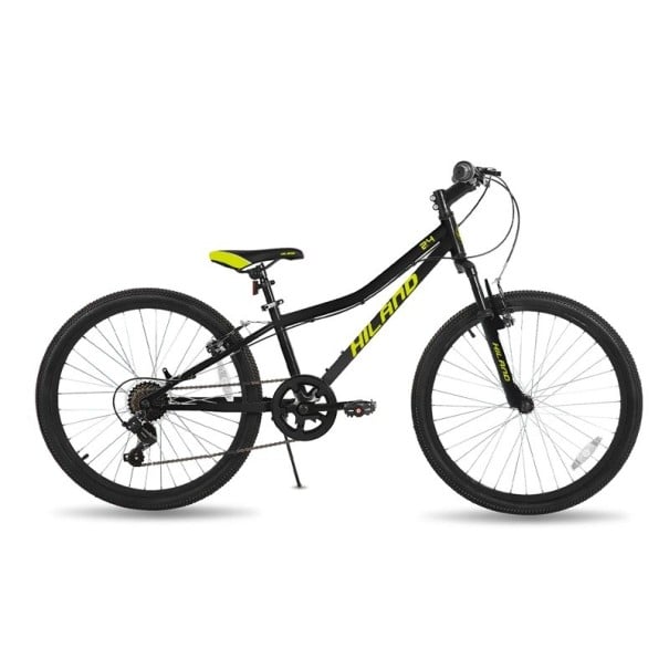 Bicicletă de munte pentru copii cu furcă amortizată și schimbător cu mai multe trepte, 24 inci, cadru metalic și frâne tip V, pentru băieți și fete de la 7 ani negru