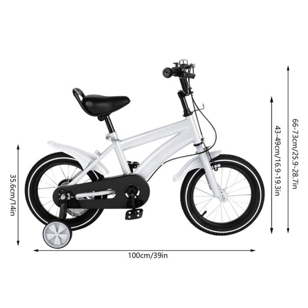 Bicicletă pentru copii cu roți ajutătoare și șa ajustabilă, 14 inch, cu lanț acoperit și clopoțel, pentru băieți și fete cu vârsta între 2–5 ani alb