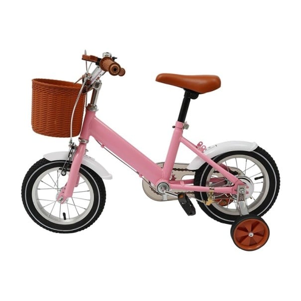 Bicicletă pentru copii cu roți de sprijin și coș frontal, 12 inci, cadru din oțel carbon, frâne duble, design retro, pentru copii 2–4 ani roz