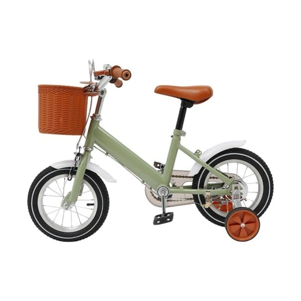 Bicicletă pentru copii cu roți de sprijin și coș frontal, 12 inci, cadru din oțel carbon, frâne duble, design retro, pentru copii 2–4 ani verde