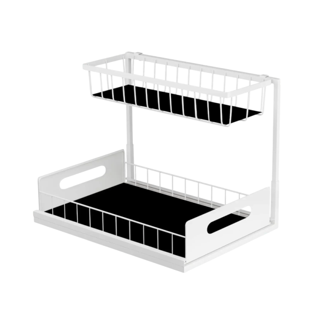 Biely 2úrovňový organizér pod drez 36,6 x 26,9 x 17,8 cm Kovový stojan z uhlíkovej ocele s vysúvacími košíkmi Kuchynský úložný regál 1