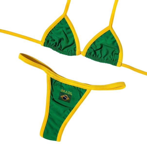 Bikini Brasil con top triangular y bordado de bandera Bañador sexy para mujer con ribete en contraste Conjunto ideal para playa y festival verde S