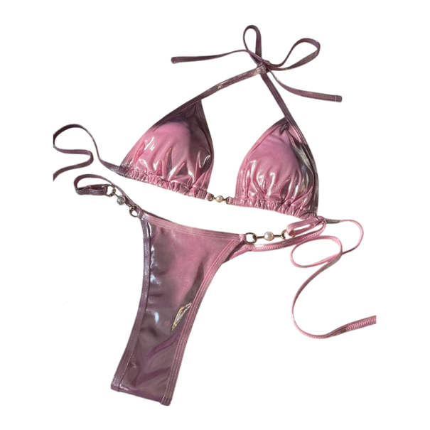 Bikini brillant pour femmes avec haut triangulaire et attaches en perles Sexy coupe tanga et lien à nouer Idéal pour la plage et les séances photo rose M