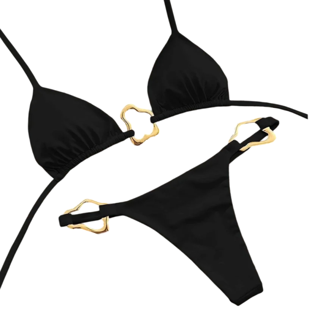 Bikini de damă din două piese cu catarame metalice aurii Top triunghi și chiloți decupați Costum de baie elegant pentru plajă și plajă negru M