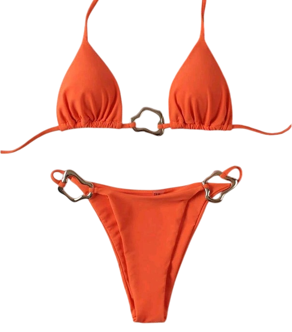 Bikini de damă din două piese cu catarame metalice aurii Top triunghi și chiloți decupați Costum de baie elegant pentru plajă și plajă portocale M