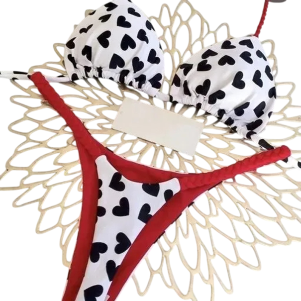 Bikini de dos piezas para mujer con corazones, sujetador triangular, tanga, braguita de punto, traje de baño romántico de verano para playa y natación. S