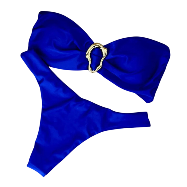 Bikini de dos piezas para mujer con top bandeau y hebilla dorada Bañador de color liso con braguita tipo tanga para un elegante look veraniego azul S