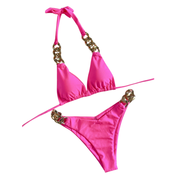 Bikini de mujer de lujo con cadena metálica en los tirantes y laterales. Top triangular y bañador con brillo elegante para el verano. rosa L