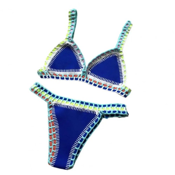 Bikini deux pièces en crochet pour femmes Soutien-gorge triangle Brésilien Finition cousue à la main Maillots de bain d'été pour la plage et la baignade style boho bleu S