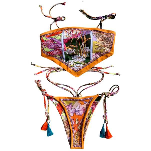 Bikini deux pièces pour femmes avec un motif floral prononcé Haut bandana Culottes à nouer avec franges Coupe originale Maillots de bain d'été pour la plage L
