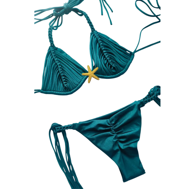 Bikini din două piese pentru damă, cu ciucuri și model de stea, top triunghi și chiloți tanga cu șnur Costume de baie de vară albastru M