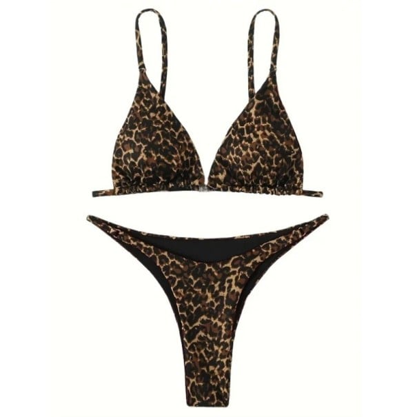 Bikini din două piese pentru femei cu top triunghiular cu imprimeu leopard, cu bretele reglabile și chiloți tanga Costume de baie negru L