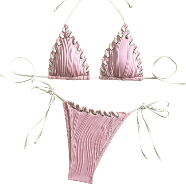 Bikini din două piese pentru femei, sutien triunghi, tanga, chiloți, cu șnur, costum de baie de vară, pentru plajă, cu șireturi roz S