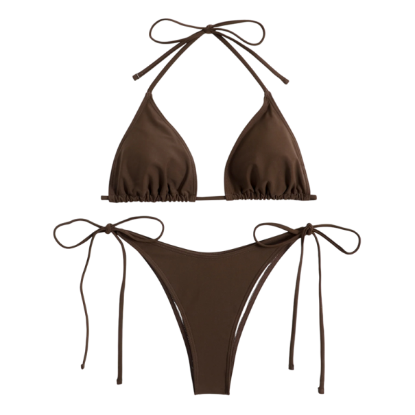 Bikini din două piese pentru femei Sutien triunghi Thong Chiloți cu șireturi Classic Minimalist Summer Beach Cut maro L