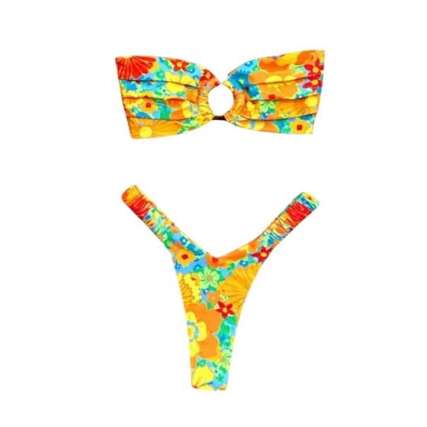 Bikini galben-albastru cu imprimeu floral colorat și cusătură circulară Costum de baie din două piese fără bretele Set de plajă elegant de vară S