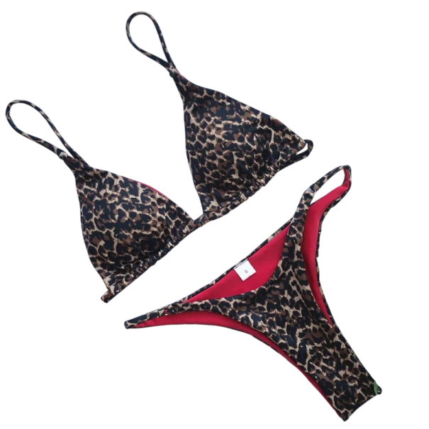 Bikini pentru femei din două piese cu model contrastant de leopard Top triunghi și chiloți tanga Costume de baie elegantă pentru plajă și vacanță negru L