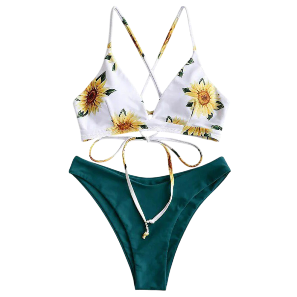 Bikini pentru femei din două piese cu model floral sutien triunghi cu spate încrucișat cu talie înaltă costum de baie de vară pentru plajă verde inchis S