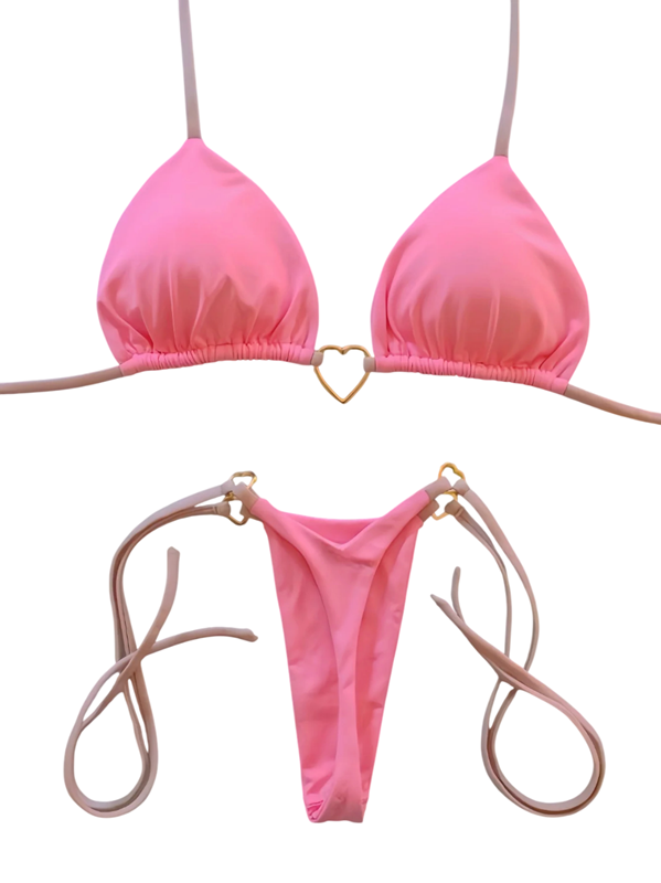 Bikini tanga cu top triunghi și inimă metalică Costum de baie minimalist pentru femei cu legături din dantelă Ținută sexy pentru plajă roz M
