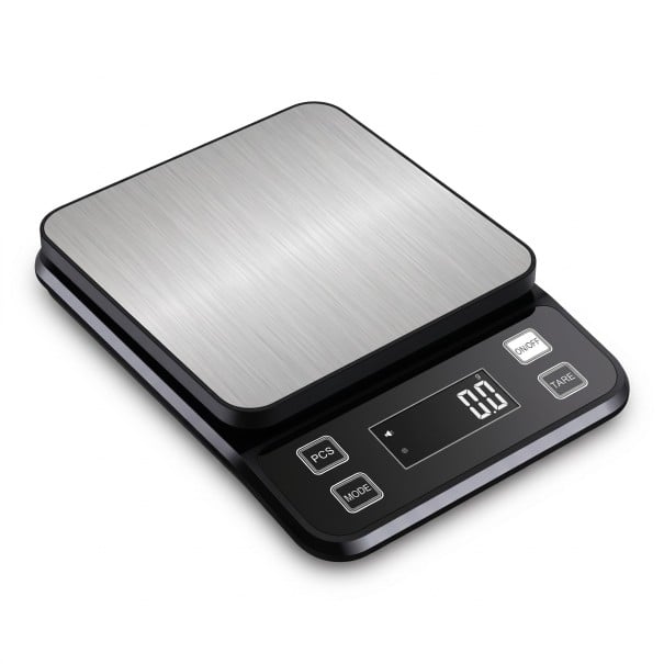 Bilancia da cucina digitale impermeabile con display LCD, 5 kg / 0,1 g, acciaio inossidabile, alimentata da batterie AAA, nero-argento, per la cottura e la cucina 1