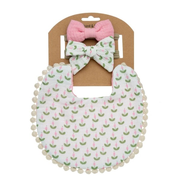 Bílý bryndák s růžovými kytičkami a dvě gumičky do vlasů s mašlí pro batolata Set 3 ks Růžový rub Rozměr 17,5 x 17 cm Lem z bambulek 1