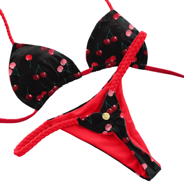 Biquínis de duas peças para mulher com estampado Top de triângulo Cuecas tanga Cordões trançados Fatos de banho de verão para a praia e piscina preto S