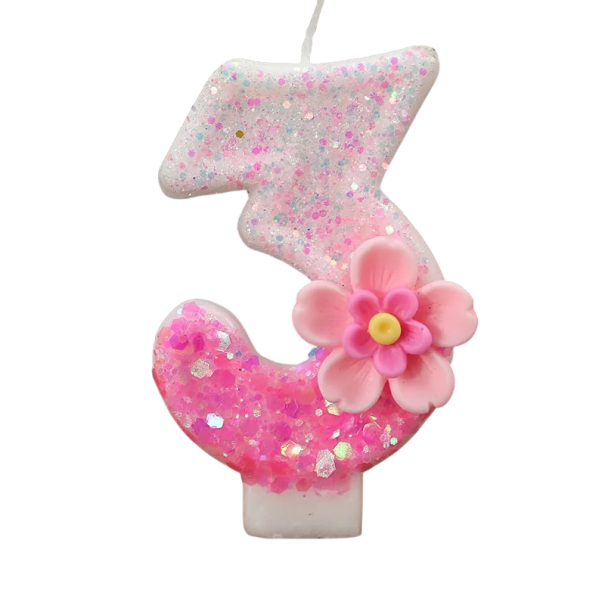 Birthday Cake Candle Number 3 Pink Candle with Glitter and Flower Decorative Candle for Birthday Cake Party Decoration 1