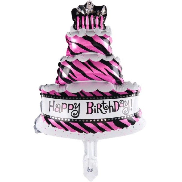 Birthday cake shaped balloon with candles for celebration Pink with zebra stripes and the inscription Happy Birthday Aluminium foil 29 x 25 cm 1
