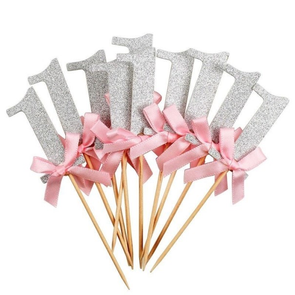 Birthday Cake Toppers 1 Year Pink 10 pcs silver