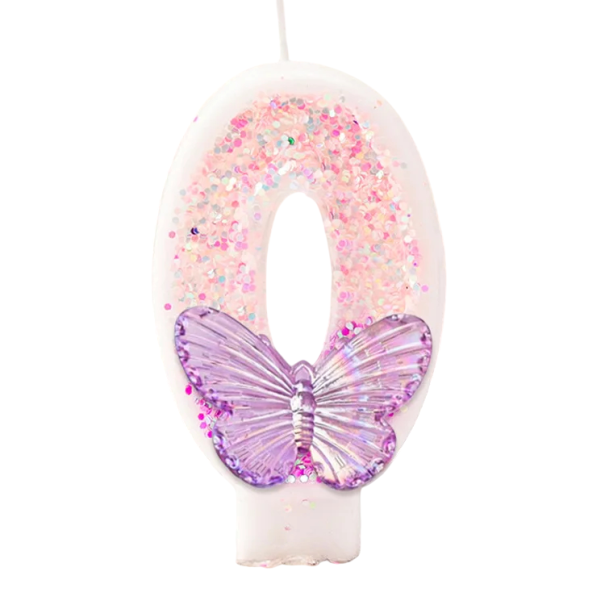 Birthday Candle Number 0 7.5 cm Pink Birthday Candle with Glitter and Butterfly Paraffin Cake Candle for Birthday Celebration 1