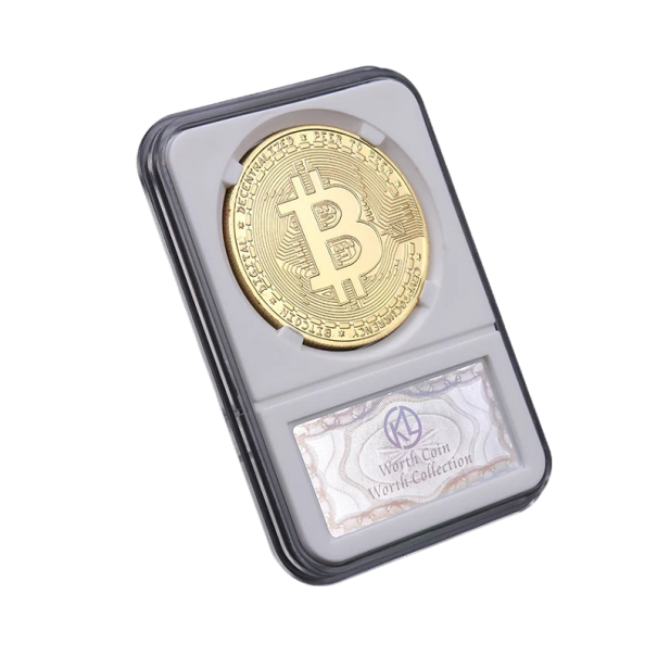 Bitcoin érme másolata 4 cm-es átlátszó tokban, aranyozott Bitcoin emlékérme gyűjthető gyűjthető érme műanyag dobozban 5,8x8,4 cm 1