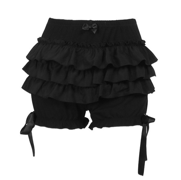 Black Goth Mini Shorts Skirt with Ruffles High Waist Layered Cute Shorts with Bow Elegant Short Skirt with Built-in Shorts S