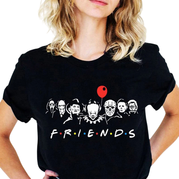 Black Ladies' T-Shirt with Horror Theme Friends Iconic Characters Humorous Film Print Comfortable Material Short Sleeve Stylish Design XS