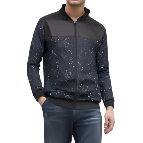 Black Men's Sports Jacket with Star Print Lightweight Zip-Up Transitional Jacket Stylish Jacket with Elastic Cuffs for the City S