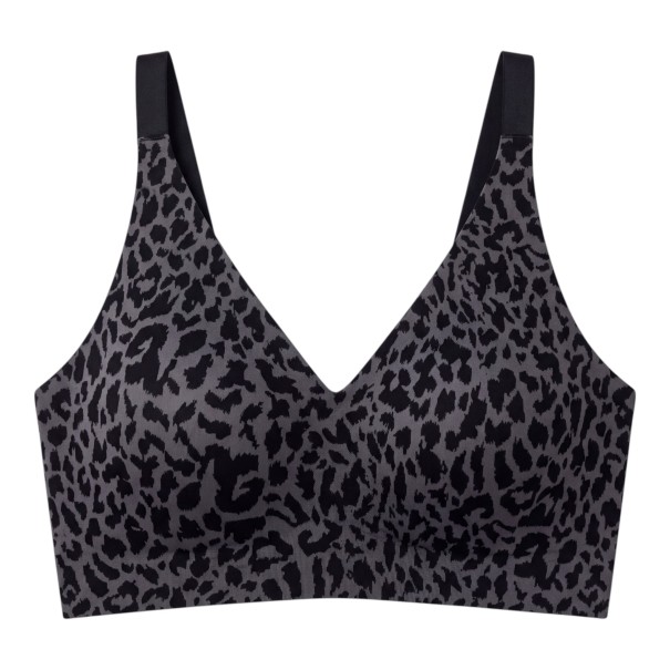 Black Seamless Non-Wired Bra with Leopard Print on Grey Background with V-Neck and Wide Straps for Everyday Wear S