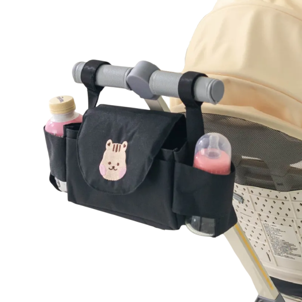 Black Stroller Handlebar Bag with Side Pockets Practical Organiser Bag with Embroidered Hamster Storage Bag for Mums 1