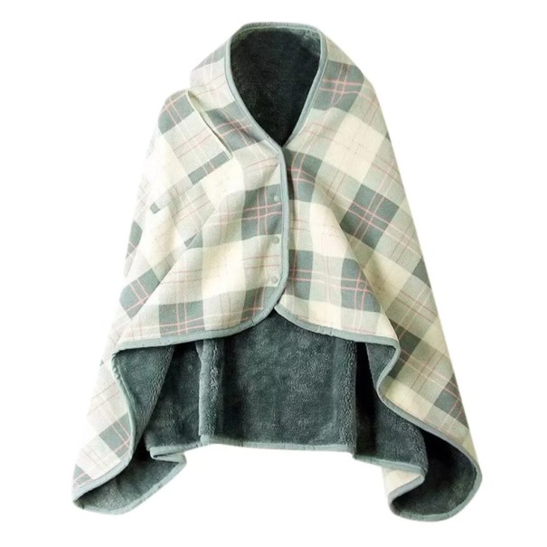 Blanket with Buttons 135 x 80 cm Grey-Cream Checked with Pink Lines Warm Two-Layer Winter Cover for Home Office Travel 1