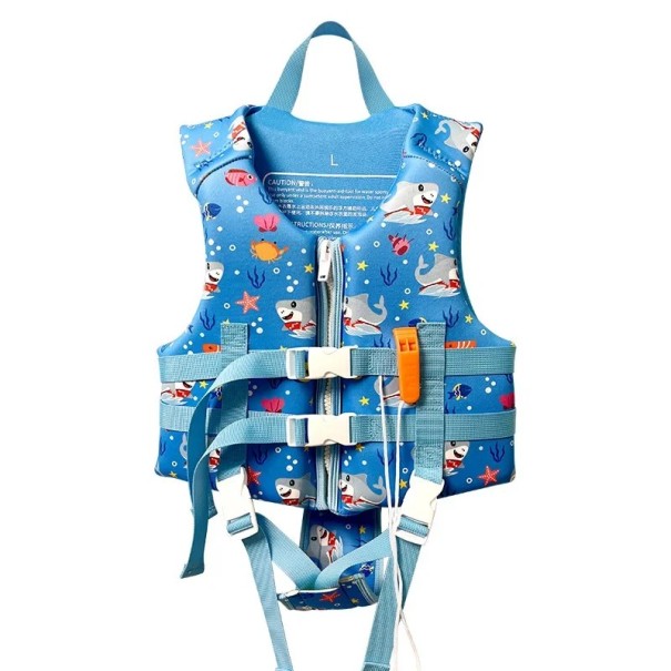 Blaue Rettungsweste für Jungen mit Haien, Schwimmweste mit Reißverschluss, zwei Schnallen, Schrittgurt, Griff und Pfeife 3