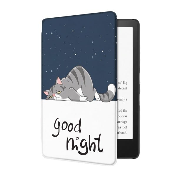 Blåvitt flipfodral 6 tum för Kindle 10:e generationen 2019 med en sömnig katt under stjärnorna och texten Good night med rem och folie 1